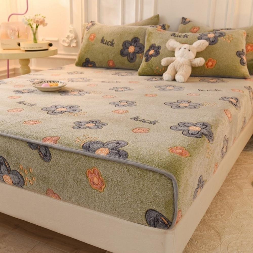 1 Pc Warm Coral Velvet Fitted Sheet Elastic Mattress Cover Fluffy Coral Fleece Bed Sheet Winter Warm and Cosy Plush Fitted Sheet