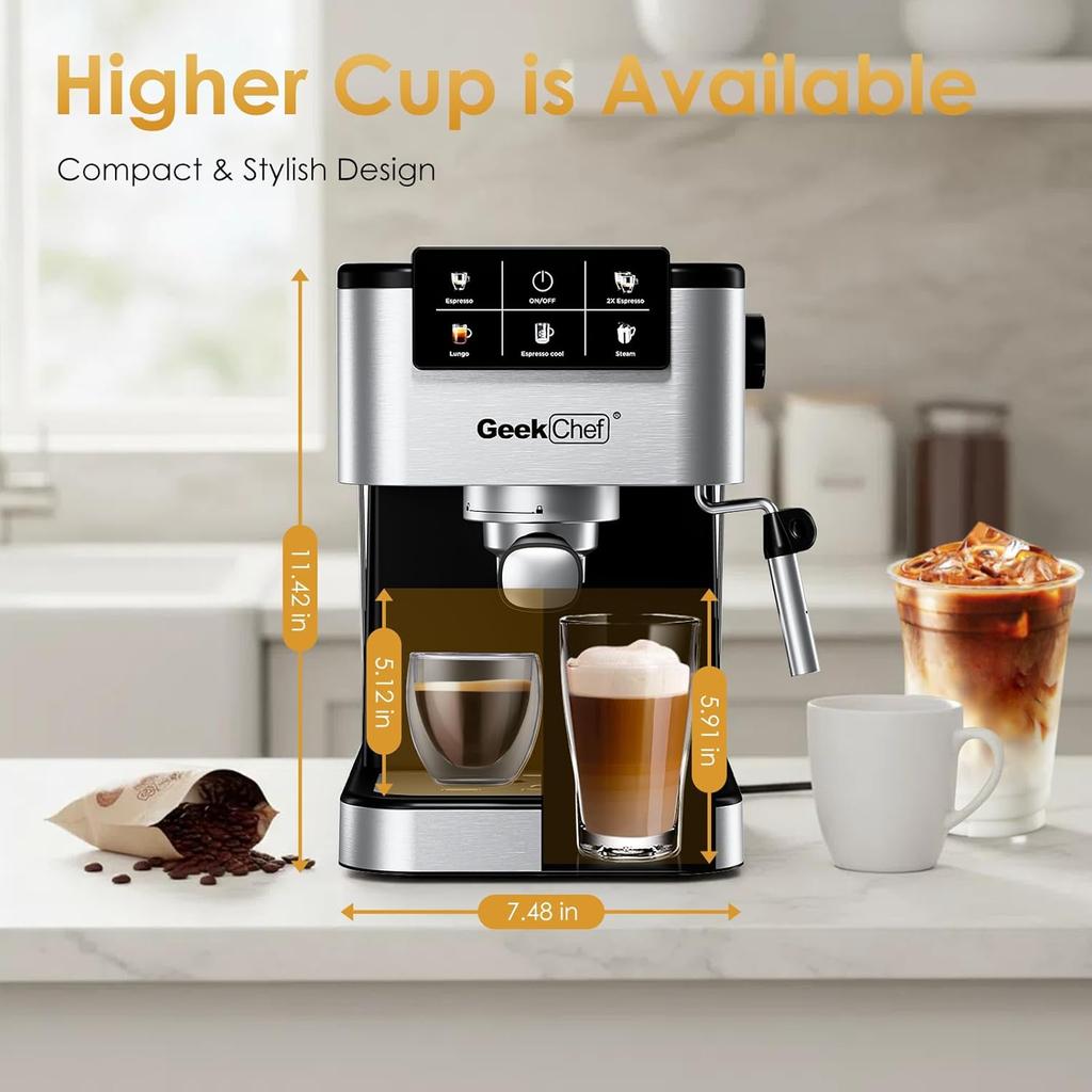 Espresso Machine with Milk Frother, 20 Bar, Fast Heating Coffee Maker for Cappuccino, Latte & Iced Coffee