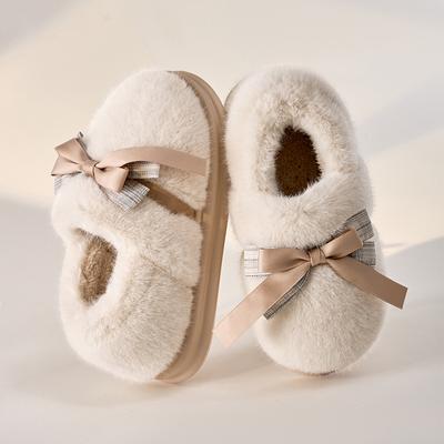 Chinelos de algodão de pelúcia com tudo incluído, uso ao ar livre, outono/inverno, laço interno, fundo grosso, chinelos de algodão de pelúcia para mulheres