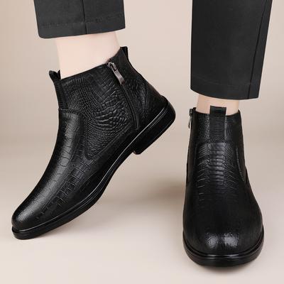 Automne/Hiver Nouveau Style Classique Noir Fermeture Éclair Bottines Homme Bottes Business Motif Crocodile Intérieur Confortable Bottine Mi-Haute Homme
