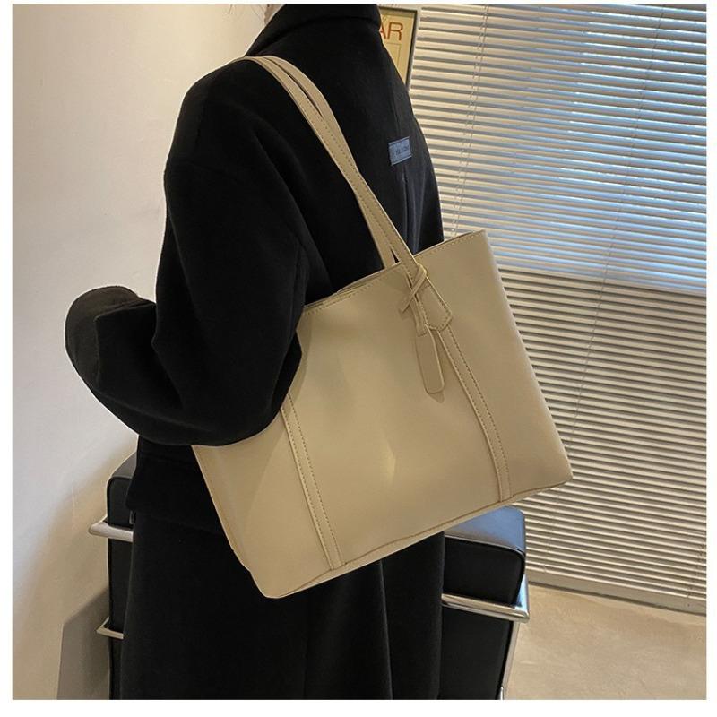 Simple Solid Color Large Capacity Tote Bag Casual Soft Leather Shoulder Bag for Women