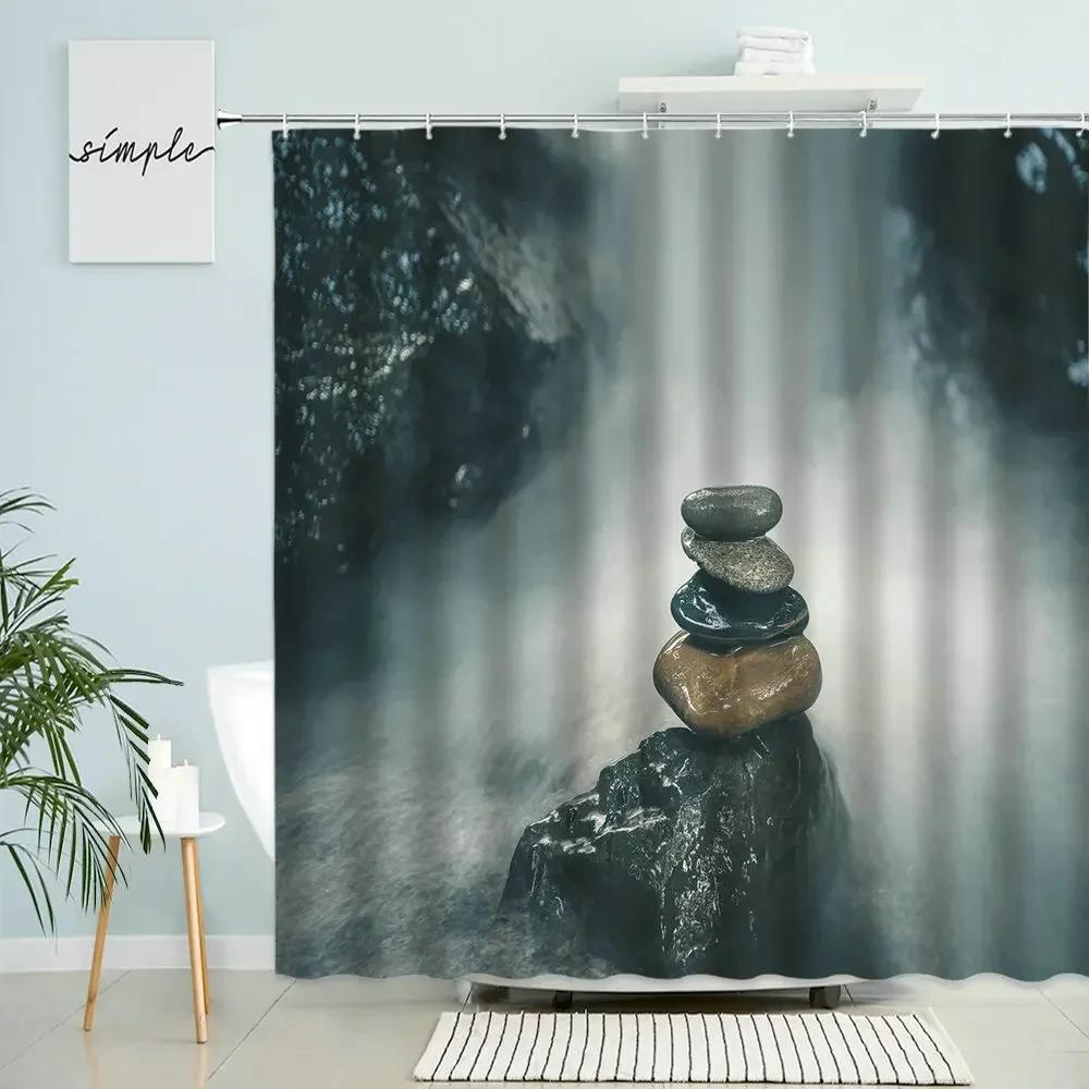 Zen Landscape Shower Curtain Natural Scenery Bathroom Decor Stone Rock Waterfall Beach Boho Polyester Screen With Hooks Washable