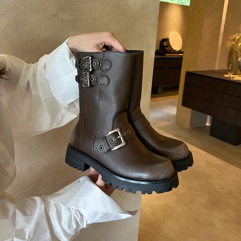 

Винтажные женские сапоги в стиле вестерн, модные туфли с пряжкой на поясе, осень-зима, дамские сапоги на толстом каблуке, рыцарские сапоги до середины голени 40