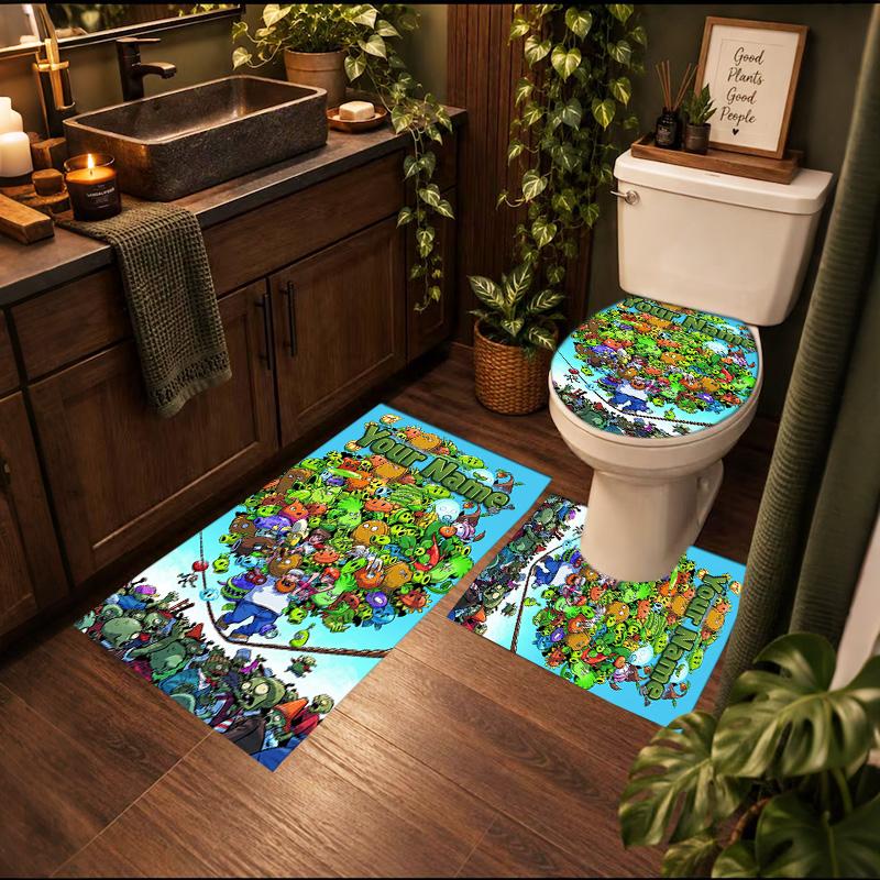 Plants Vs Zombies 3Pcs Personalized Customization Bathroom Mat Nonslip Floor Mat Set Toilet Lid Bathroom Mat Bathroom Absorbent Door Mat Decoration