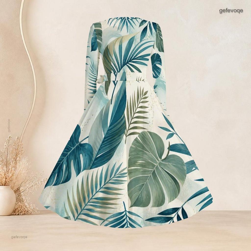 Women Plus Size Square Neck Long Sleeve Blue Green Leaf Printed Tie Waist A Line Flared Dress