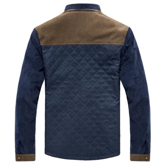 Men Winter Long Sleeve Stand Collar Color Block Buttons Up Corduroy Slim Jacket
