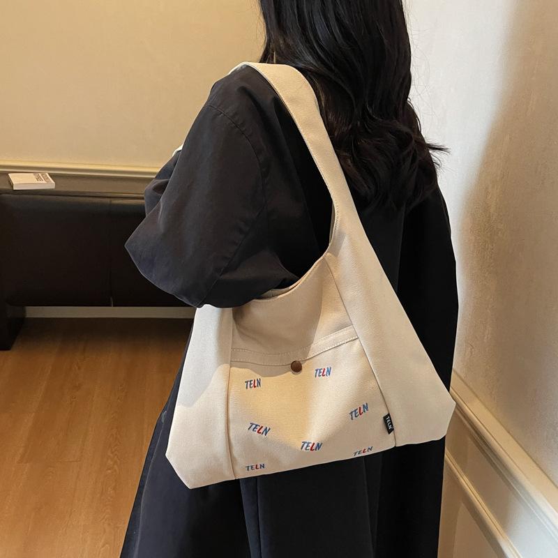 Embroidered Canvas Tote Bag Women Fashi Large Capacity Shoulder Bag Korean Style Versatile Simple and Commuter Storage Bags