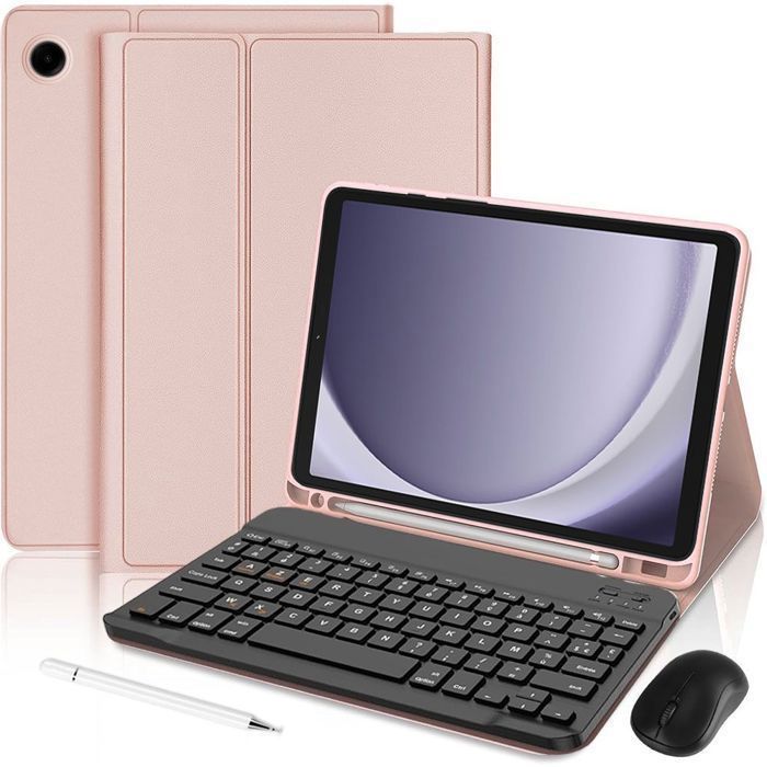 Coque Clavier pour Samsung Galaxy Tab A9 / A11 - Cuir PU Rose avec Clavier + Souris Sans Fil + Stylet