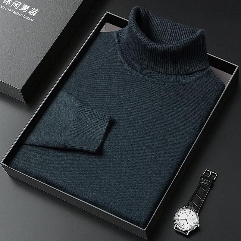 Men's High Neck Knit Sweater - Warm Solid Color Pullover for Middle-aged and Young Men