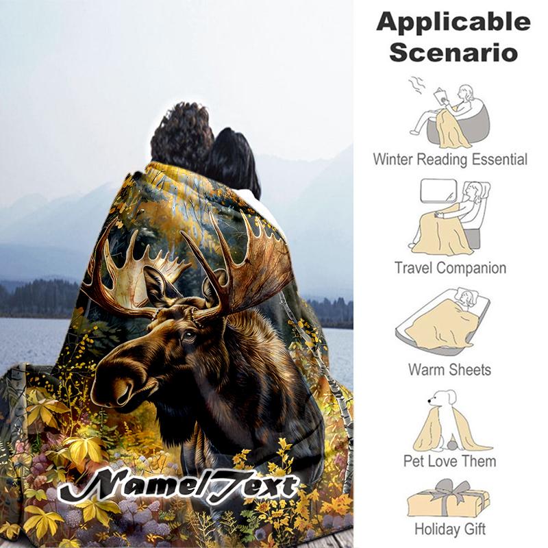 1PC Custom Name Moose Autumn Forest outdooor Flannel blankets Throw Blanket All-Season Throw Gift Bedspread for Couch, Bed, Camping Holiday Birthday g
