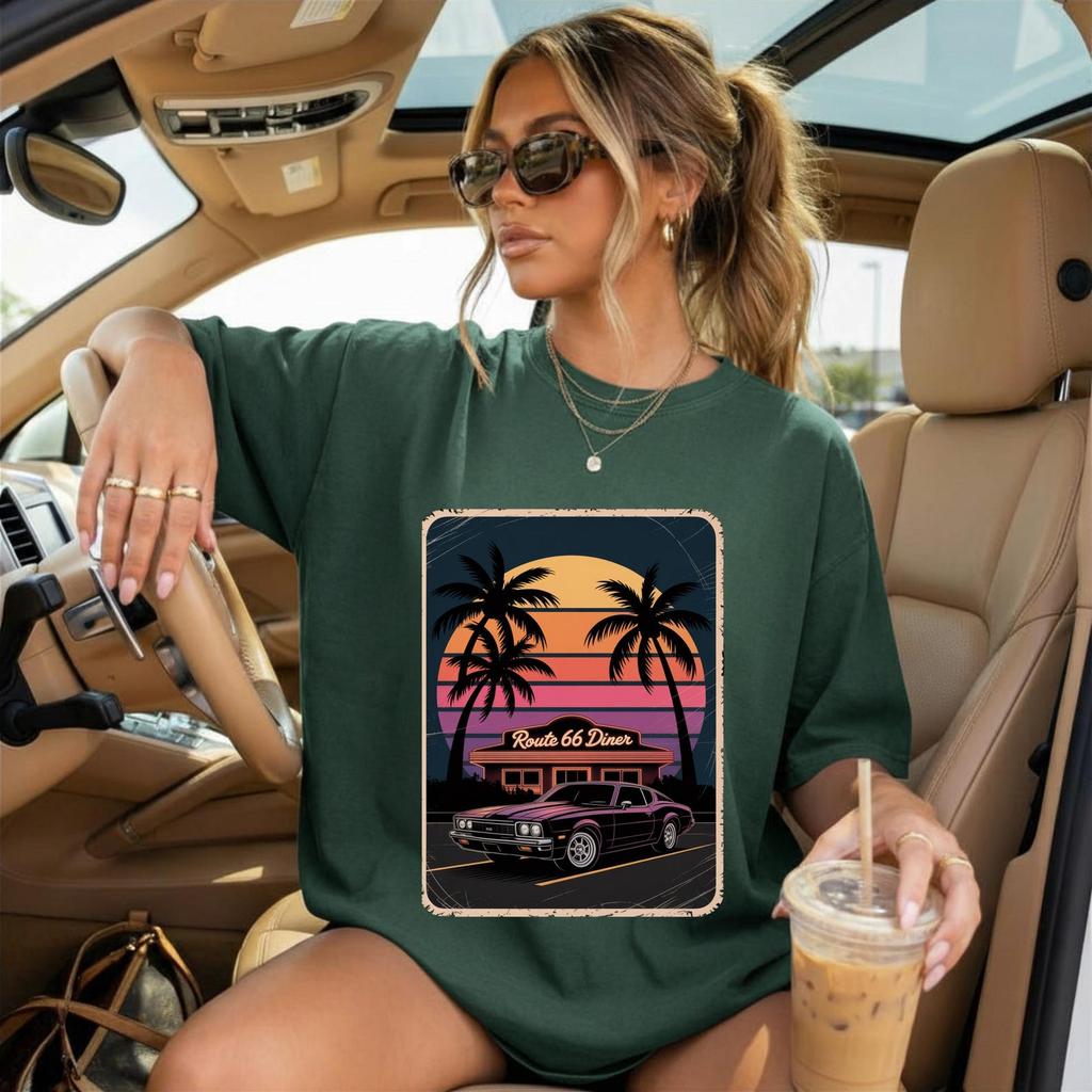Vintage Route 66 T-Shirt - Retro Muscle Car Graphic Tee - Synthwave Aesthetic Diner Top,80s Sunset Vaporwave Shirt - Classic,Car Lover Gift
