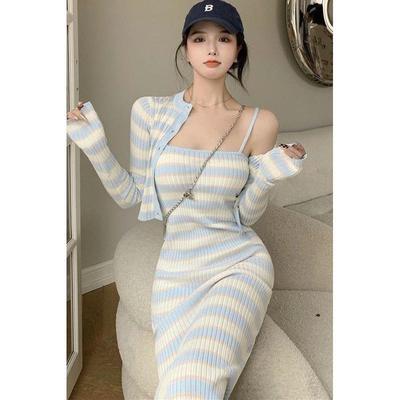 Elegant Autumn Korean-Style Knit Camisole Dress & Striped Midi Skirt Set for Women