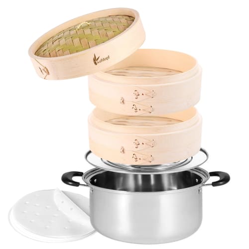 [Culinary Expert Supervision] Handmade Bamboo Steamer Set (2 Steamers and 1 Lid) - Natural Bamboo Wood Steamer Set, Commercial Use, Includes 100 Sheet