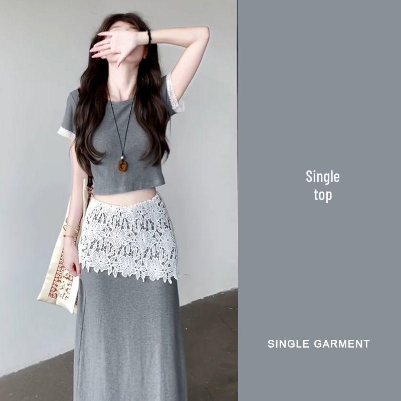 Goddess-Style Grey Lace Patchwork Two-Piece Set for Women S