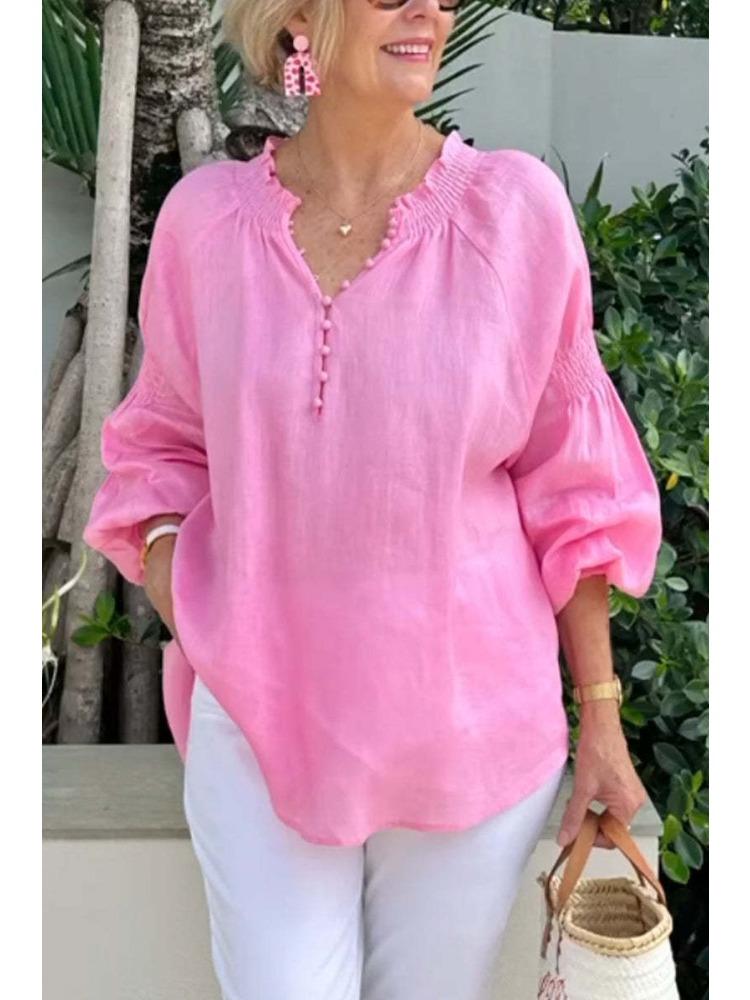 Women’s Polo-neck V-neck Plain Cotton-linen Long-sleeved Casual Top