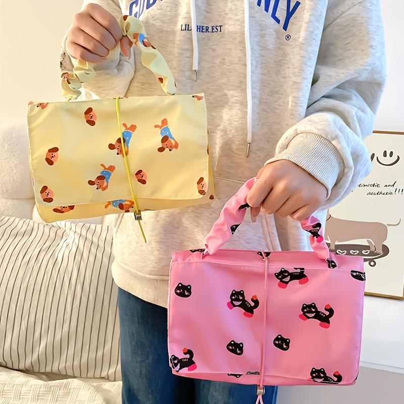 Women's Large Capacity Cosmetic Organizer Bag Cute Dog Pattern Travel Makeup & Shopping Tote, Durable Fabric Handles, Portable Cosmetics Storage