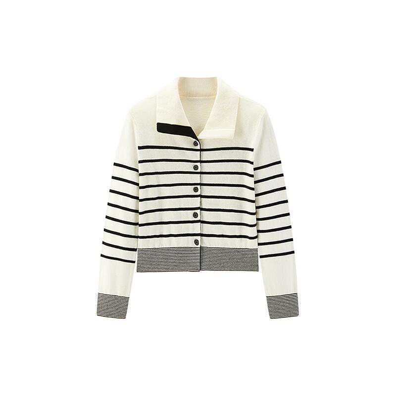 PEACEBIRD Women's Slim-Fit Color-Block Stripe Lapel Knit Sweater
