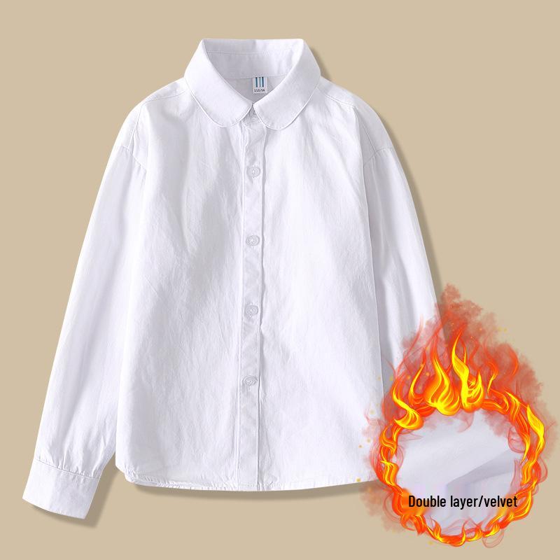 Girls' White Fleece-Lined Cotton Shirt: Long-Sleeved School Uniform for Elementary to Middle School.