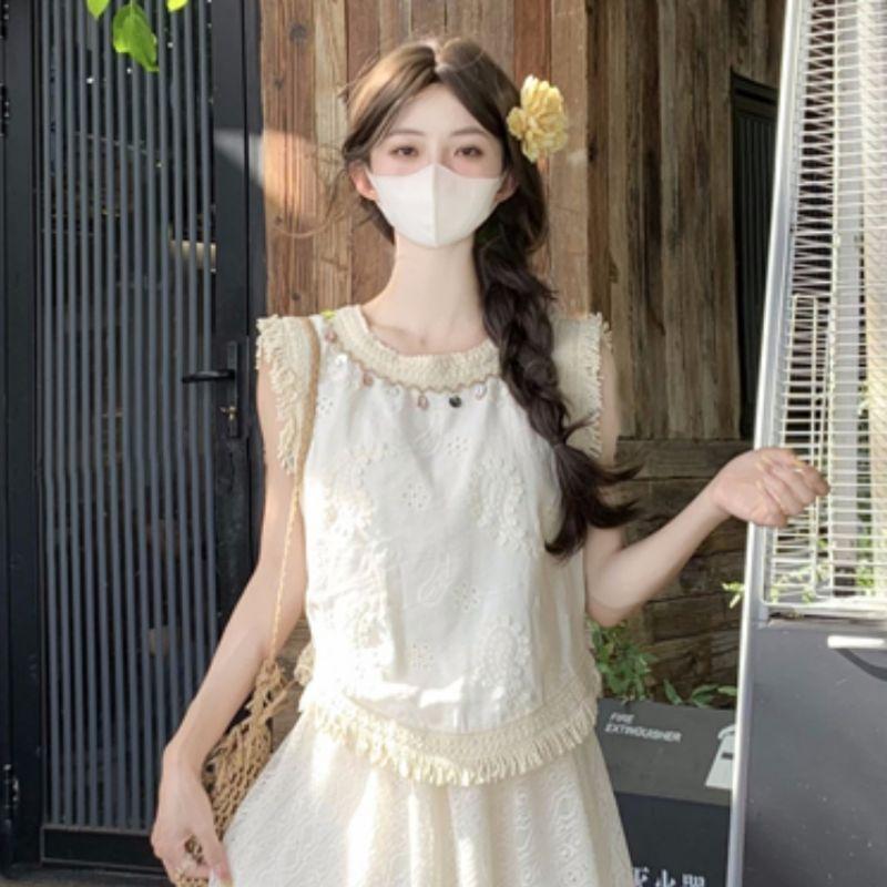 

Модный комплект Kumikumi Необычный жилет с кисточками Женский Летний С высокой талией Стройнящая Универсальная юбка Комплект из двух предметов Tops without belt One size