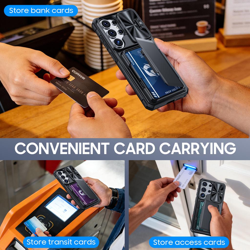 Mit Kartenhalter, Schiebbarer Kameraabdeckung und Ständer für Samsung Galaxy S26 Ultra Handyhülle, Anti-Fall PC+TPU Brieftaschenhülle - Schwarz