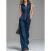 2026 Damen Waschbarer Denim-Jumpsuit Vintage Stehkragen Reißverschluss Ärmellos Gerades Bein