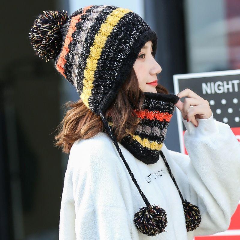 Hat Female Autumn Winter Trendy Versatile Fleece Knitted Wool Hat British Pullover Warm Ear Protector Scarf Hat Female