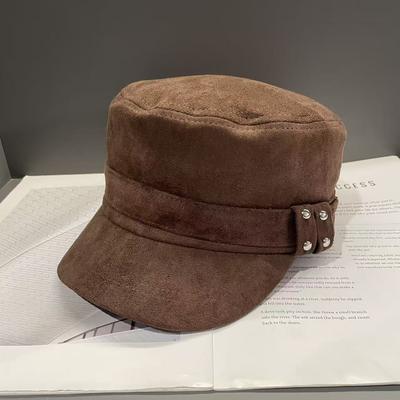 Chapeau d'équitation Noir en Daim Coréen pour Femmes en Automne et Hiver Chapeau Plat Rétro Ancien Grande Circonférence de Tête Casquette de Peintre Newsboy