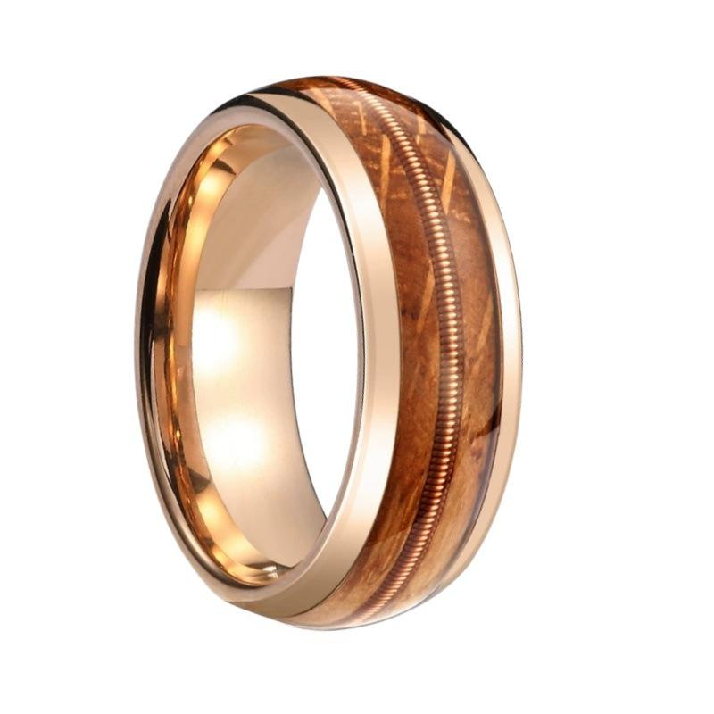 Men's Wide Band Ring With Whiskey Barrel Wood And Guitar String Inlay Unique Wooden Jewelry