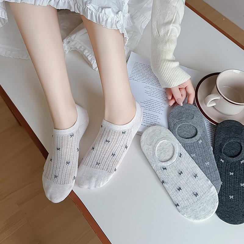 Summer Thin Socks, Women's Bow Tie Sweet Women's Boat Socks, Silicone Anti-slip, Sweat-absorbing, Breathable Boneless Socks