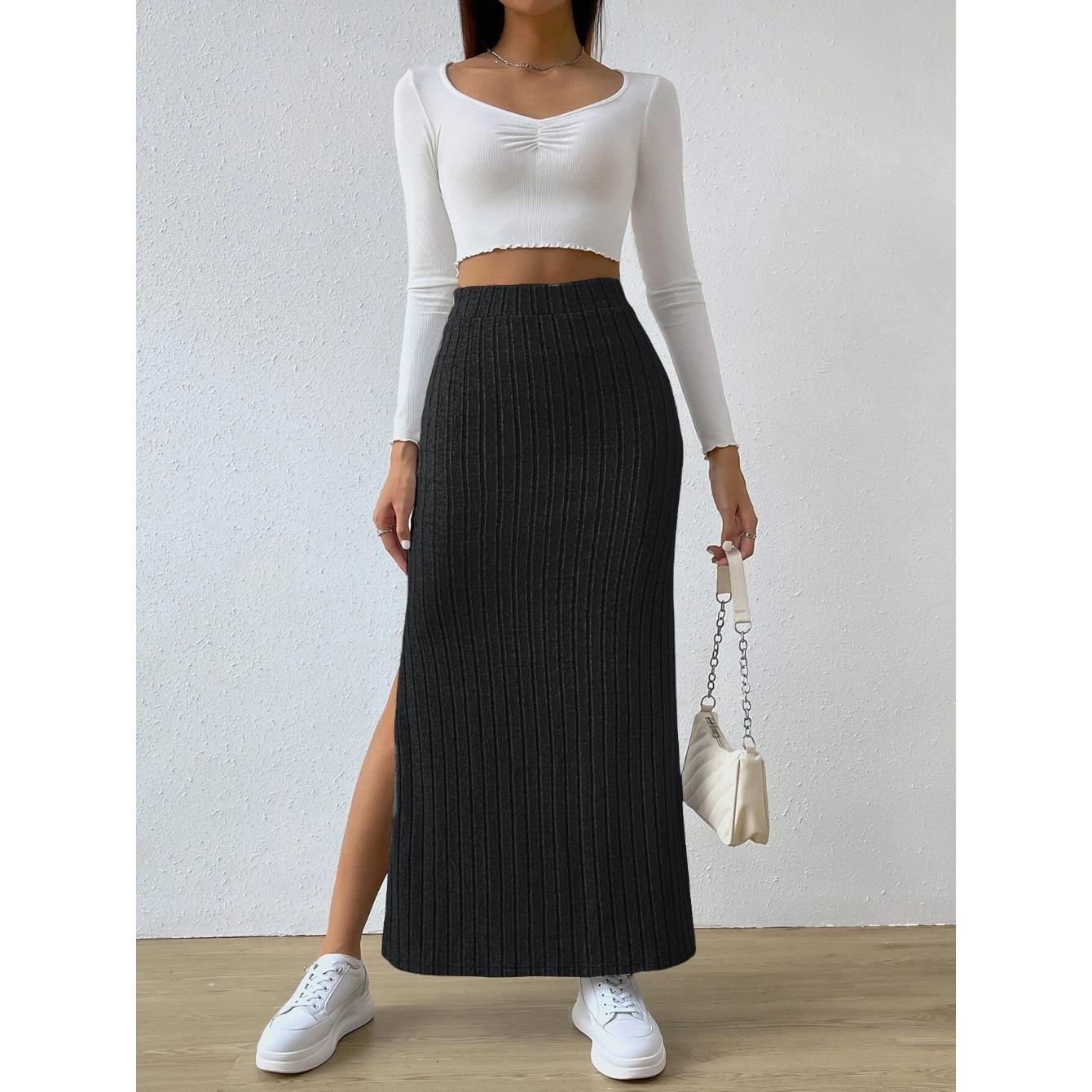 

GMXIA Spring Summer High-waisted Side-slit Fitted Knitted Solid Color Women s Skirt S чёрный