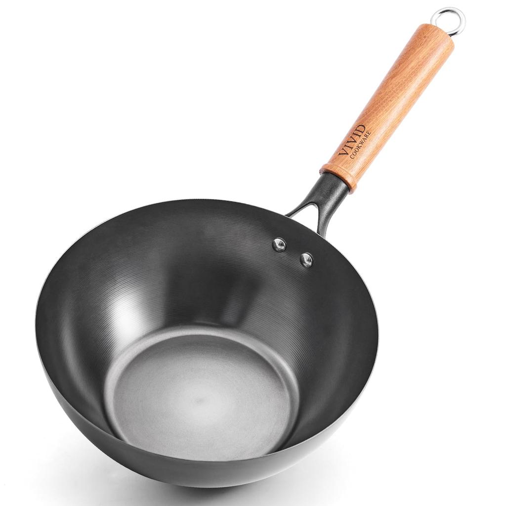 VIVIDCOOKWARE 24cm Wok/Frying Pan, Authentic Cast Iron, Uncoated, Rust-Resistant, Deep, Wooden Handle, High-Temperature Cooking Pond, IH/Gas Compatibl
