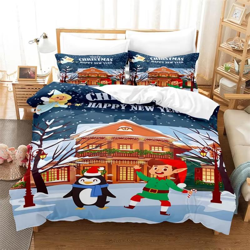 Comforter Christmas King Winter Theme Cartoon Bedding Set Microfiber Santa Claus Elk Carriage Comforter For Girl Boy