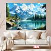 2D Forest Lake Tapestry, Snowy Mountain & Green Pine for Home Decor