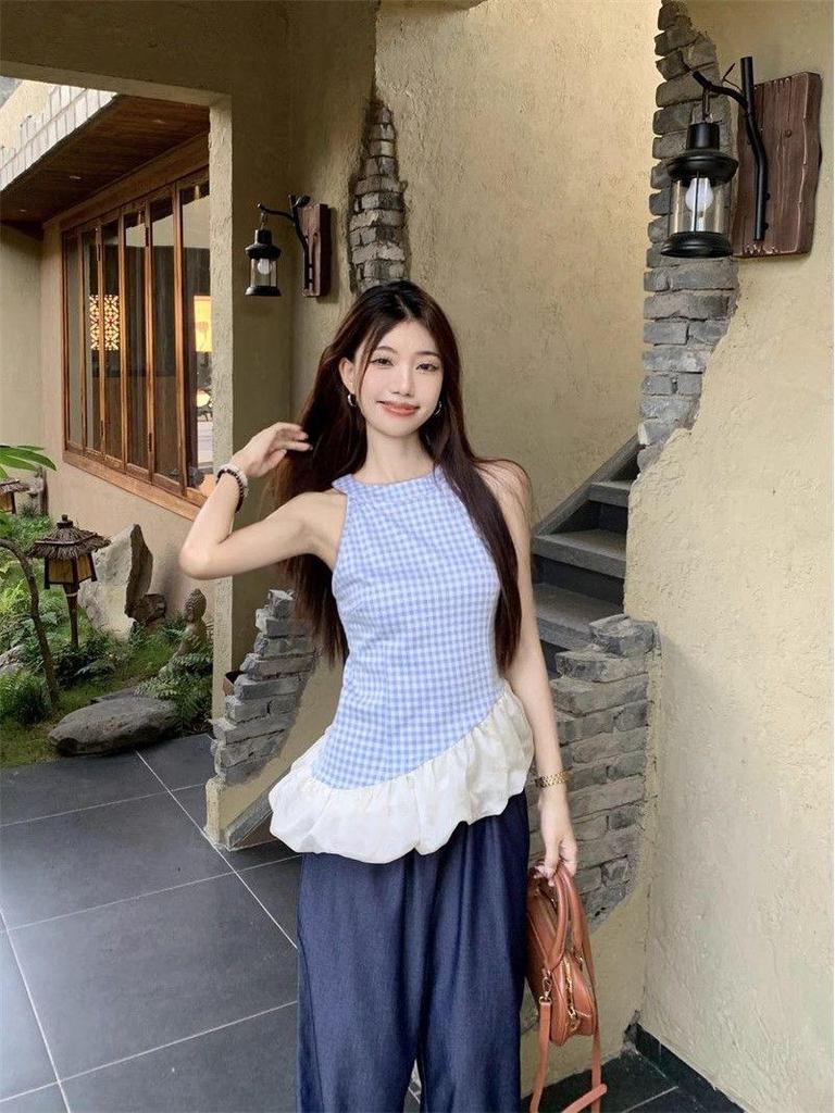 Spring Slim Plaid Sleeveless Patchwork Camisole for Women