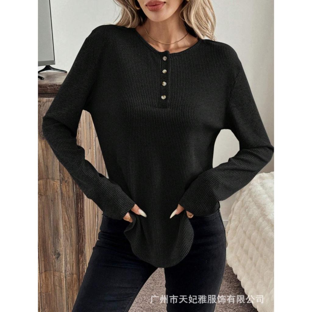 Frühlings- und Herbst-Langarm-T-Shirt, Modisches einfarbiges Damen-Langarm-V-Ausschnitt-Shirt