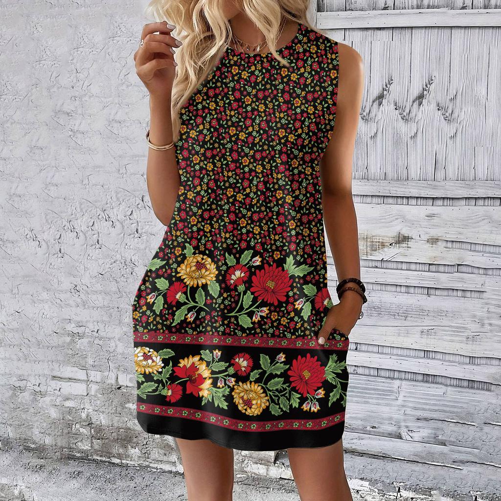 Kadın Günlük ve Moda Yuvarlak Yaka Kolsuz Baskılı Midi Boy Elbise