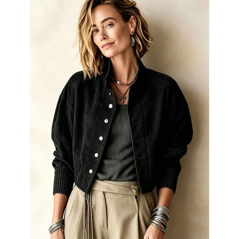 Womens Short Suede Baseball Jacket Loose Fit Casual Outerwear Winter 2026