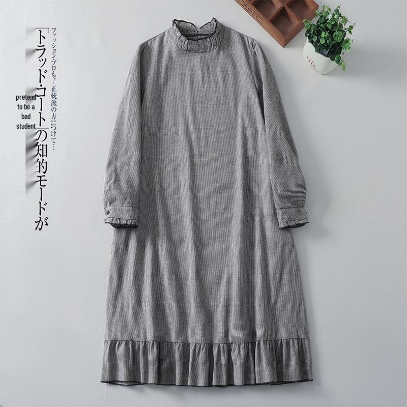 2025 Spring Artistic Retro Loose Casual Houndstooth Pleated Patchwork Dress Extra Large