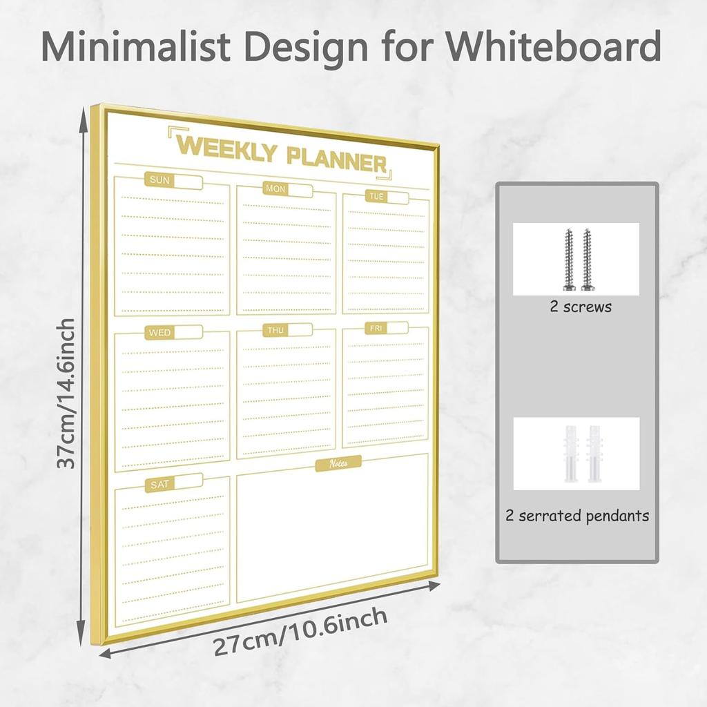 Dry Erase White Board Weekly Calendar Board, Magnetic Whiteboard for Wall,Gold Aluminum Frame Message Board,Vertical, Planner Board for Office, Home,