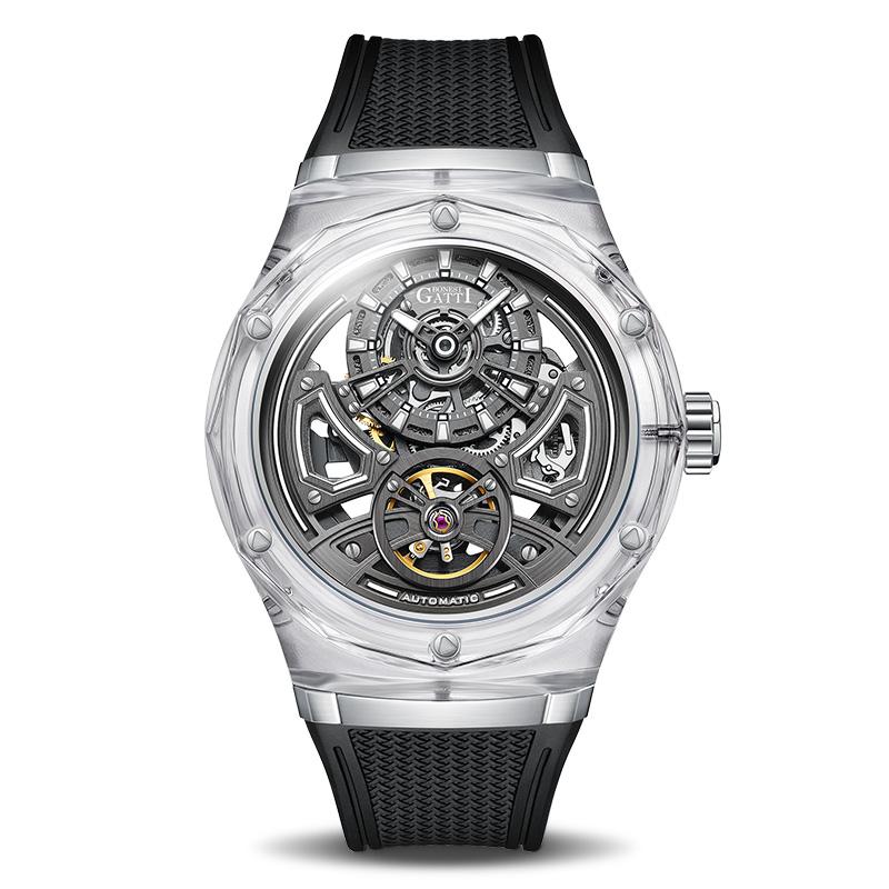 BONEST GATTI Men's Watch New Model Transparent Crystal Case Automatic Mechanical Wristwatch High-End Luxury Rubber Strap sport
