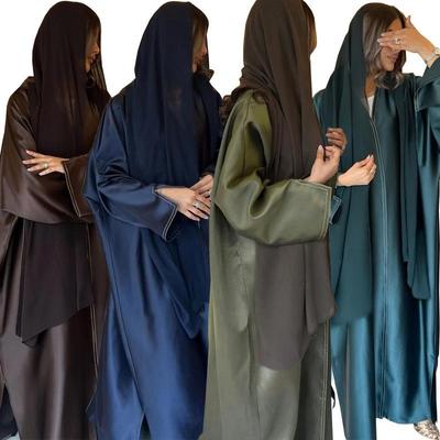 MQ191 Muslim Satin Abaya: Middle Eastern Long Robe, Loose-Fit Solid Color Cardigan Outerwear