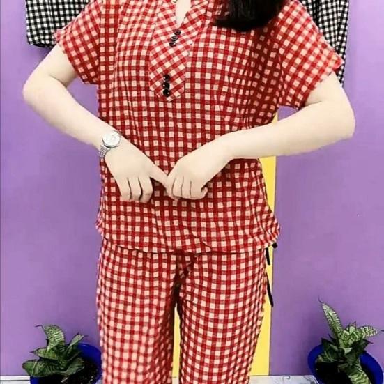 Women's Plaid 2 Piece Outfits Sleeve Top And Button Short Cropped Skinny Pants Matching Set Summer