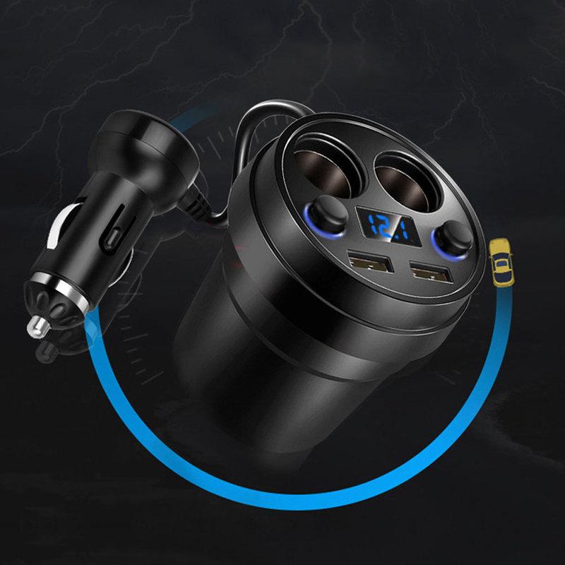 Car Charger Cup Holder Dual Cigarette Lighter Sockets Power Adapter with Dual USB Ports LED Black for IPhone 4/5/6/6S Plus