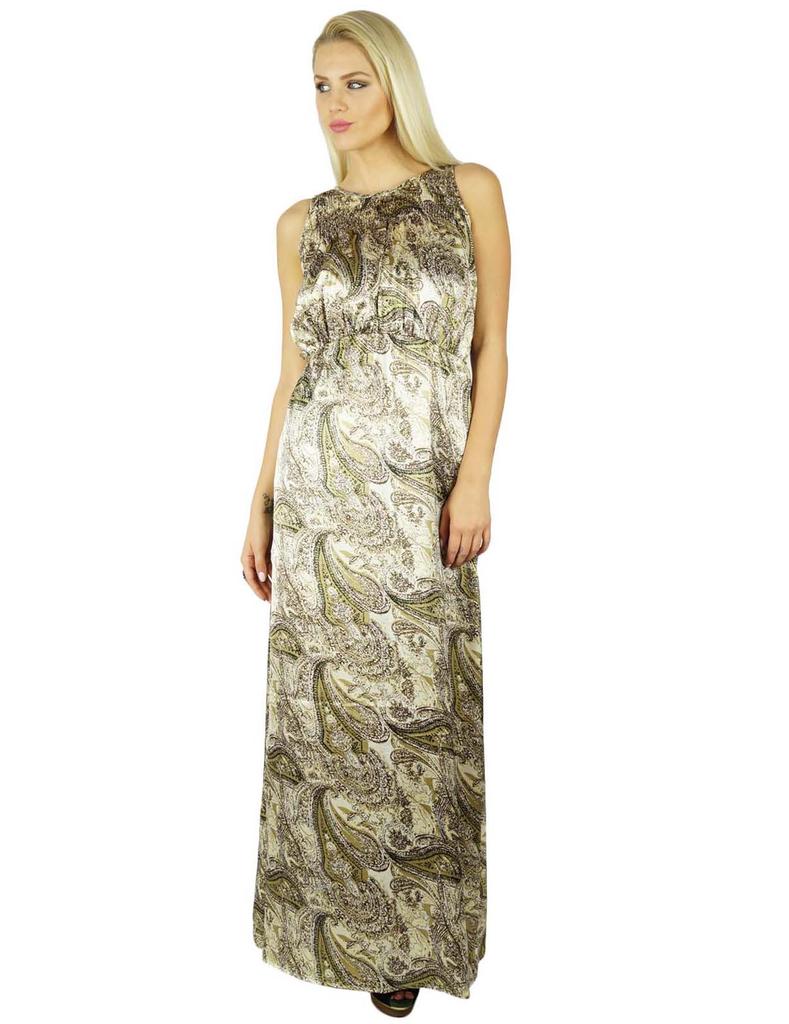 Bimba Women Long Satin Maxi Smocked Waist Sleeveless Dress Boho Gown