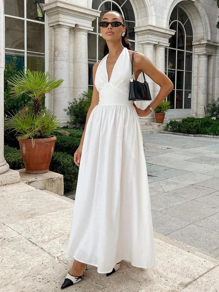 Women's Halter V Neck Maxi Dress Sleeveless Open Back Flowy Elegant Summer Long Dress