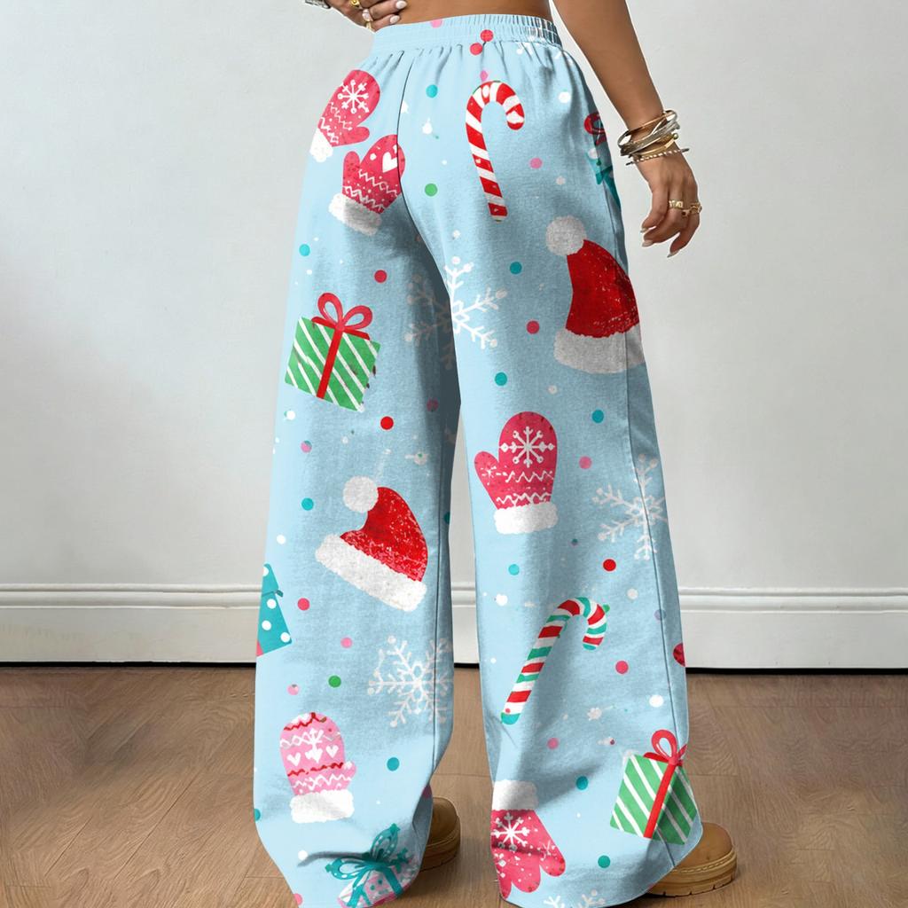 Women's Casual Christmas Print Loose Fit Straight Leg -Lined Pants with Elastic Waist for Winter
