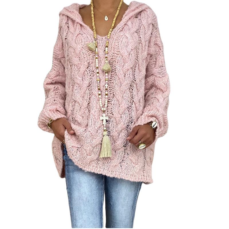 2026 Autumn Winter Pure Color Cable Knit Hoodie - European/American Bestseller