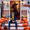 2D Halloween Gothic Witch Door Cover, Witch with Pumpkins Party Backgroun