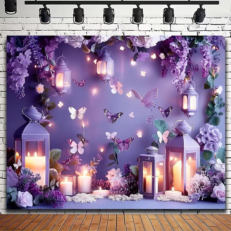 2D Printed Backdrop with Purple Lanterns, Candles, Butterflies and Wisteria Flowers