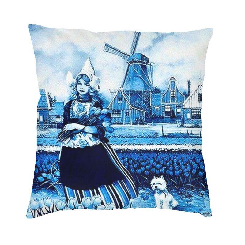 Dutch Blue Delft Cushion Cover 40X40Cm Vintage Windmill And Bridge Art Pillow Case For Sofa Square Pillowcase Home Decorative